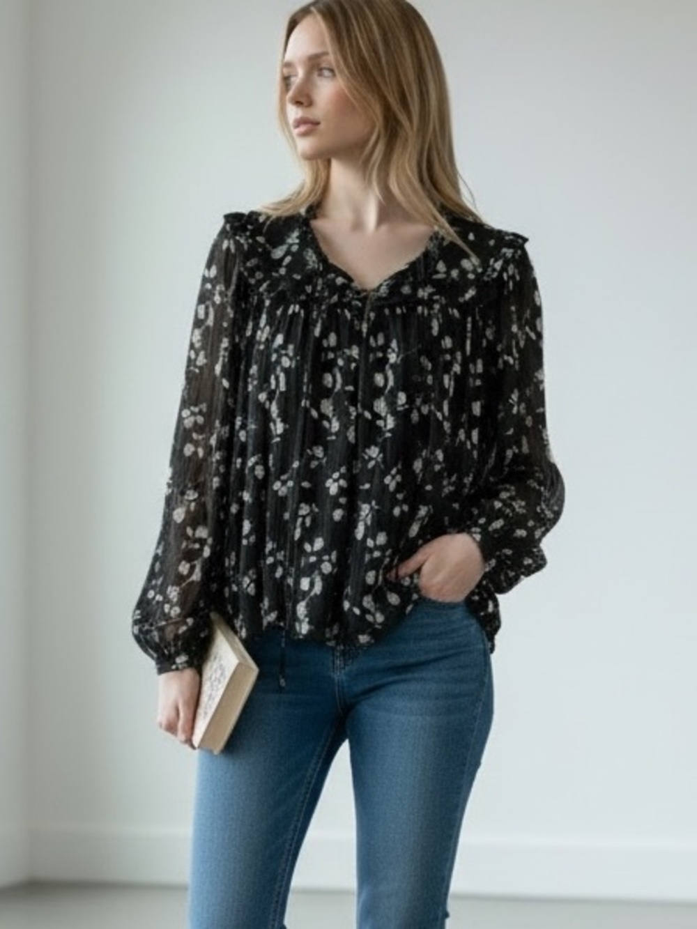 Hayden Black Floral Ruffled Peasant Top Size Medium